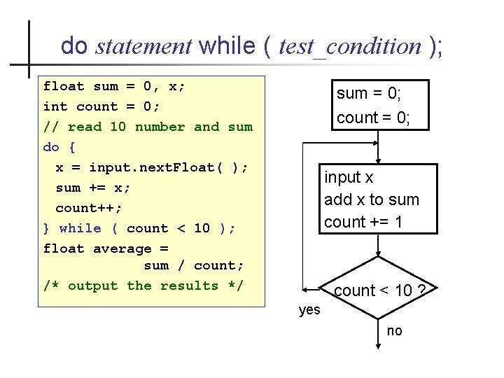 do statement while ( test_condition ); float sum = 0, x; int count =