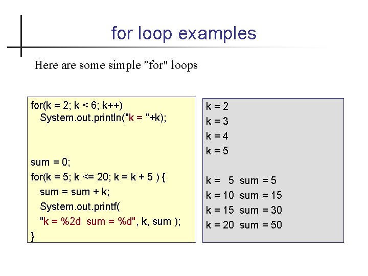 for loop examples Here are some simple "for" loops for(k = 2; k <