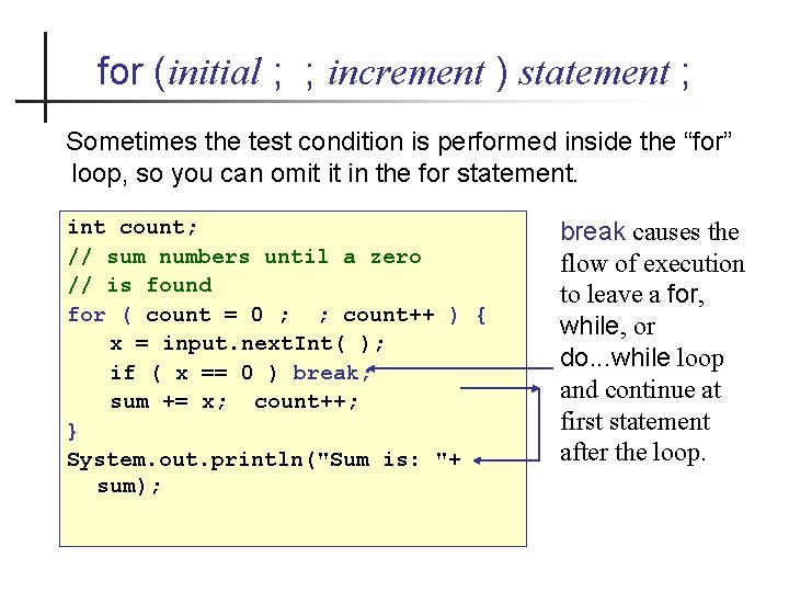 for (initial ; ; increment ) statement ; Sometimes the test condition is performed