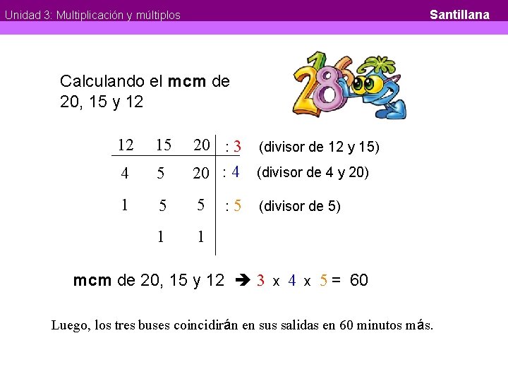 Santillana Unidad 3: Multiplicación y múltiplos Calculando el mcm de 20, 15 y 12