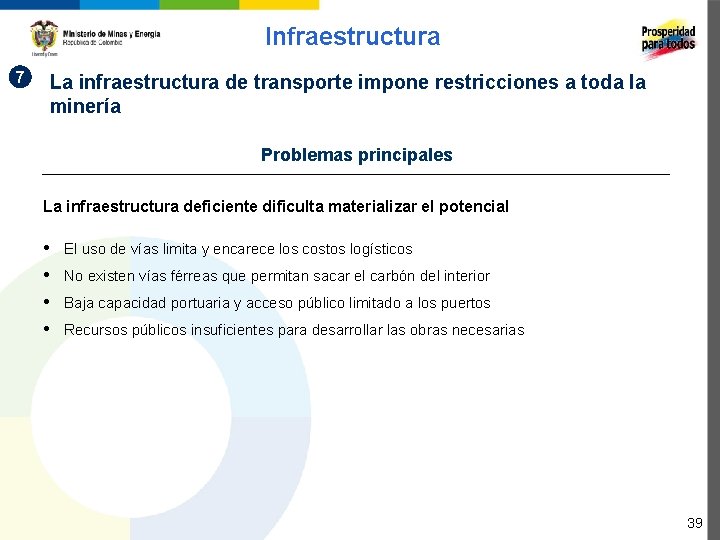 Infraestructura 7 La infraestructura de transporte impone restricciones a toda la minería Problemas principales