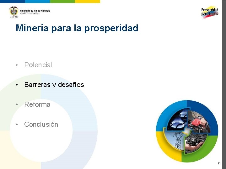 Minería para la prosperidad • Potencial • Barreras y desafíos • Reforma • Conclusión