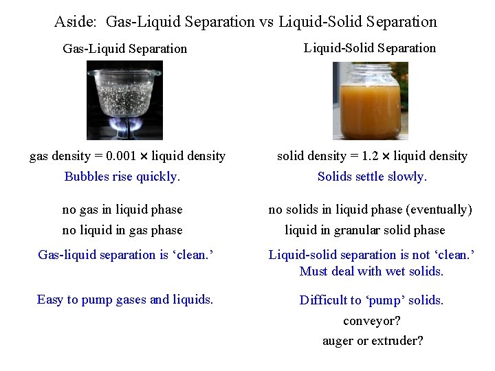 Aside: Gas-Liquid Separation vs Liquid-Solid Separation Gas-Liquid Separation Liquid-Solid Separation gas density = 0.