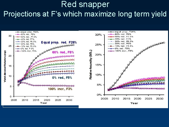 Red snapper Projections at F’s which maximize long term yield Equal prop. red. F