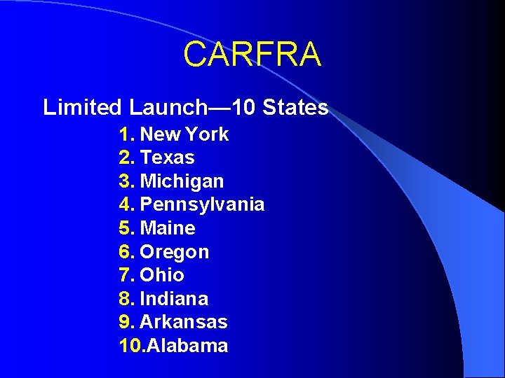 CARFRA Limited Launch— 10 States 1. New York 2. Texas 3. Michigan 4. Pennsylvania