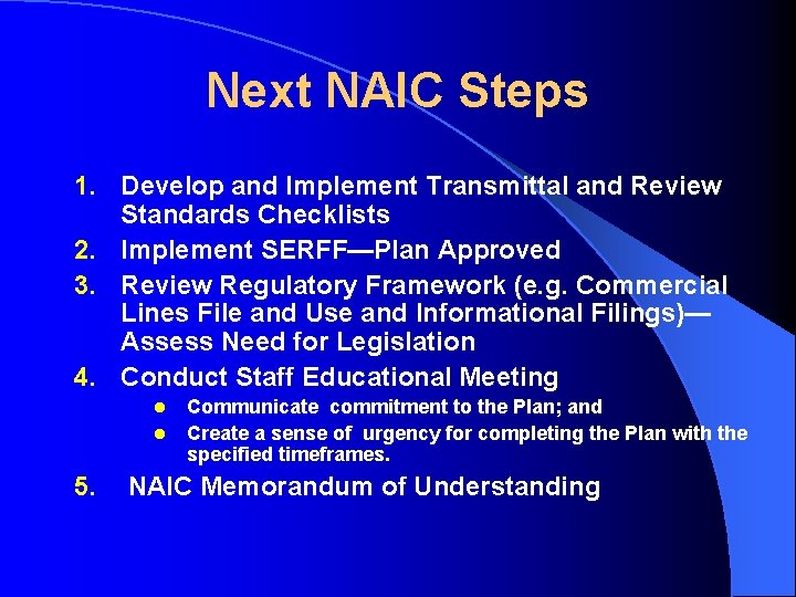 Next NAIC Steps 1. Develop and Implement Transmittal and Review Standards Checklists 2. Implement