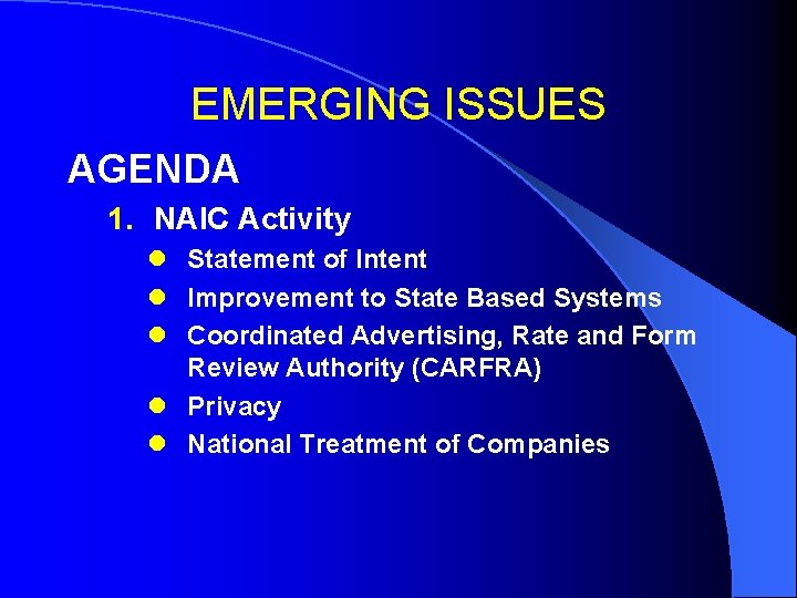 EMERGING ISSUES AGENDA 1. NAIC Activity l Statement of Intent l Improvement to State