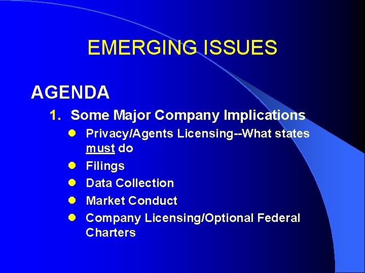 EMERGING ISSUES AGENDA 1. Some Major Company Implications l Privacy/Agents Licensing--What states must do