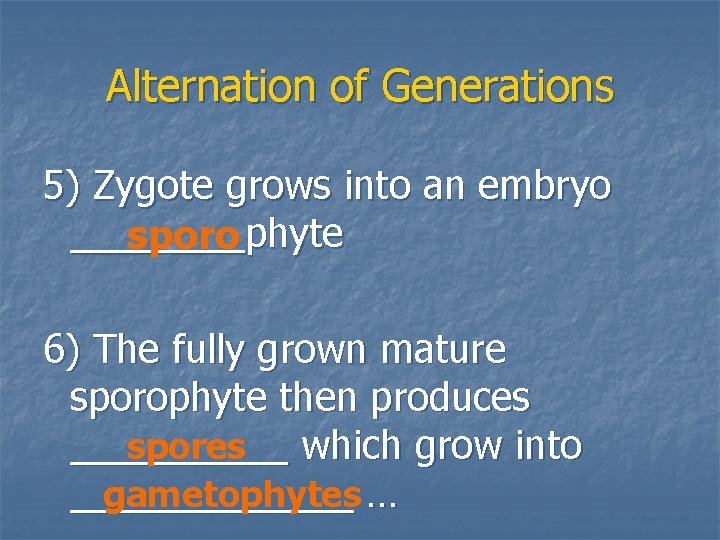 Alternation of Generations 5) Zygote grows into an embryo ____phyte sporo 6) The fully