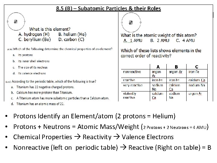  • • Protons Identify an Element/atom (2 protons = Helium) Protons + Neutrons