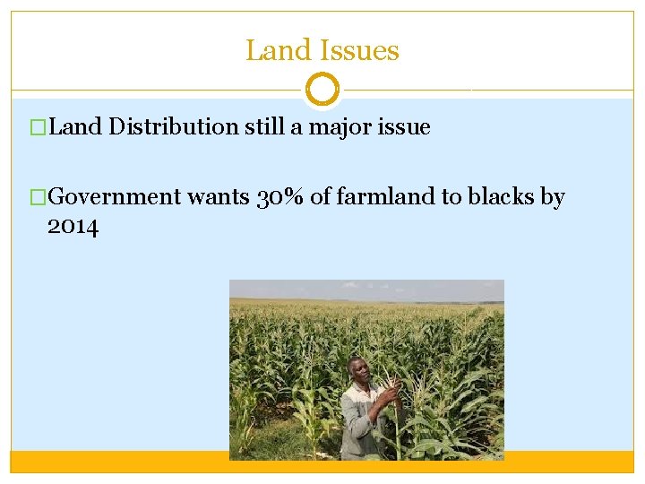 Land Issues �Land Distribution still a major issue �Government wants 30% of farmland to