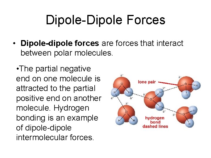 Dipole-Dipole Forces • Dipole-dipole forces are forces that interact between polar molecules. • The