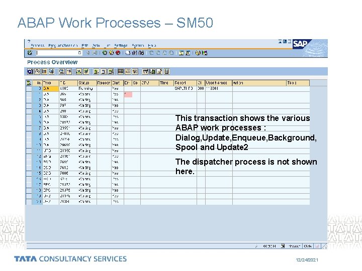 ABAP Work Processes – SM 50 This transaction shows the various ABAP work processes