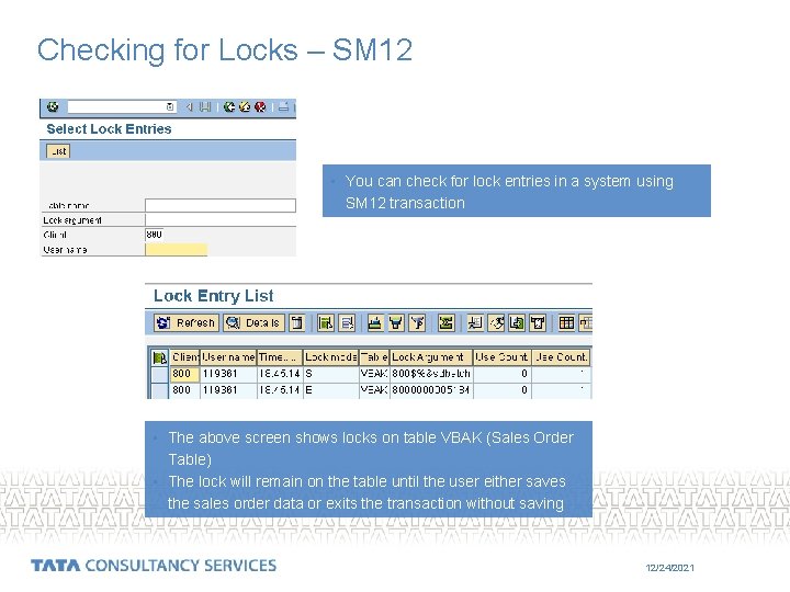 Checking for Locks – SM 12 • You can check for lock entries in
