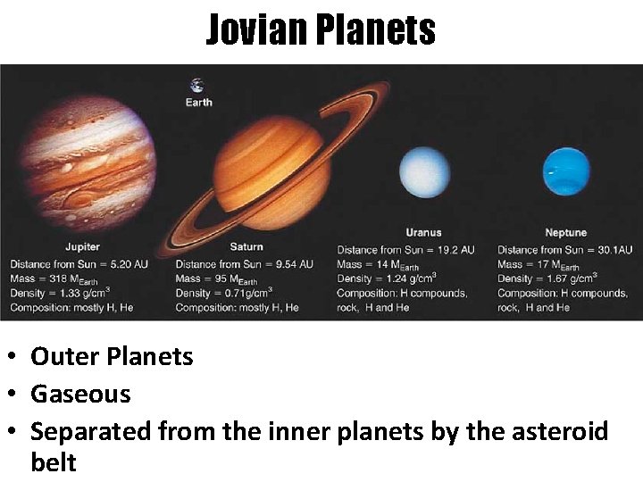 Jovian Planets • Outer Planets • Gaseous • Separated from the inner planets by