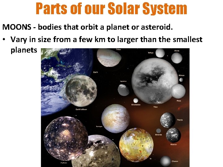 Parts of our Solar System MOONS - bodies that orbit a planet or asteroid.