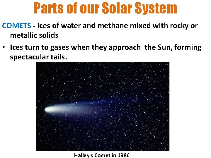 Parts of our Solar System COMETS - ices of water and methane mixed with