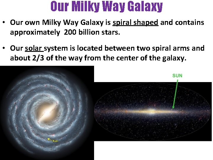 Our Milky Way Galaxy • Our own Milky Way Galaxy is spiral shaped and
