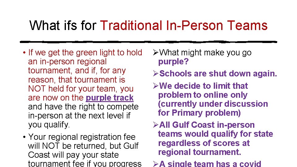 What ifs for Traditional In-Person Teams • If we get the green light to