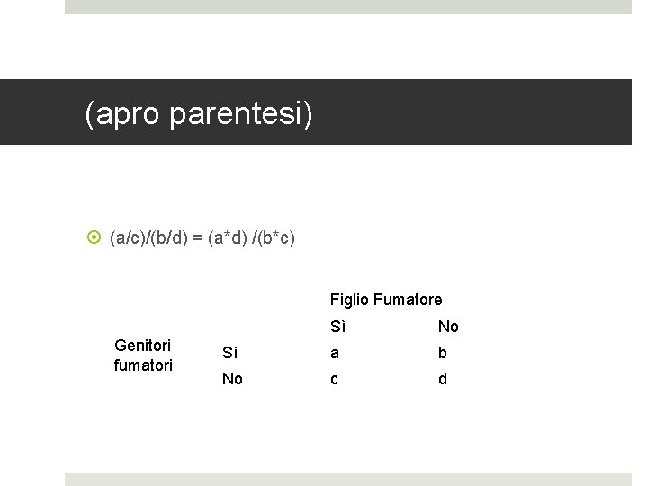 (apro parentesi) (a/c)/(b/d) = (a*d) /(b*c) Figlio Fumatore Genitori fumatori Sì No Sì a