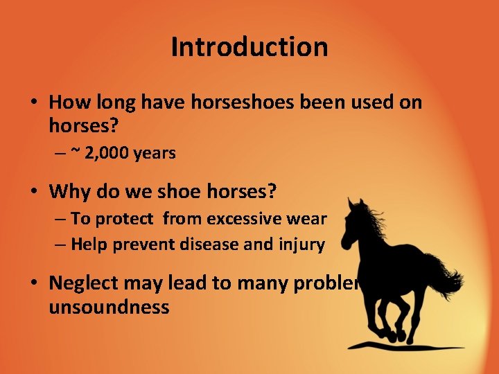 Introduction • How long have horseshoes been used on horses? – ~ 2, 000