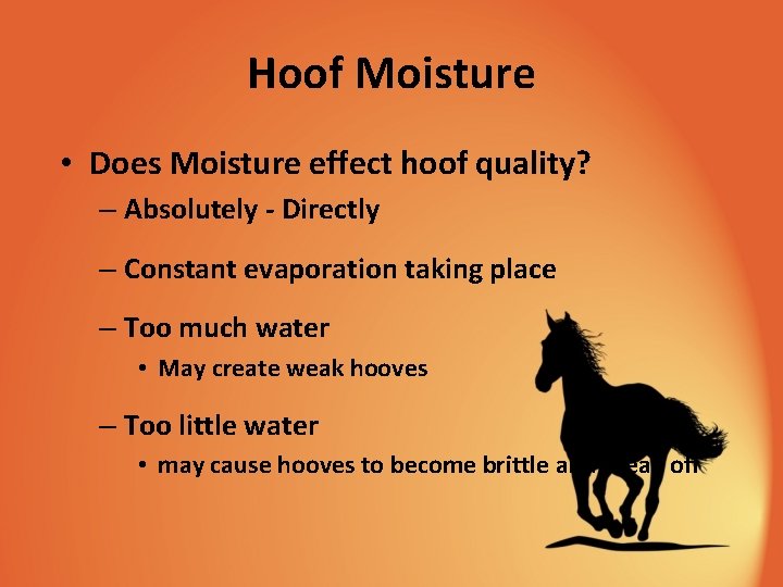 Hoof Moisture • Does Moisture effect hoof quality? – Absolutely - Directly – Constant