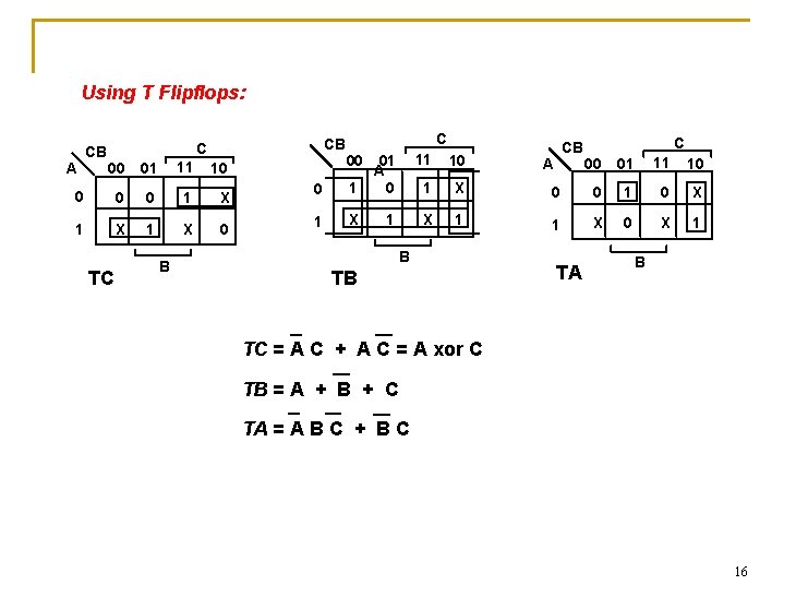 Using T Flipflops: CB CB C 00 01 11 10 0 1 X 1