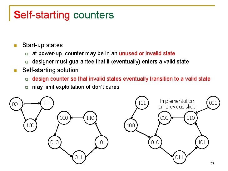 Self-starting counters n Start-up states q q n at power-up, counter may be in