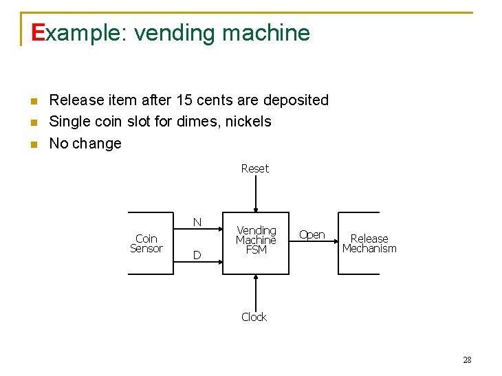 Example: vending machine n n n Release item after 15 cents are deposited Single