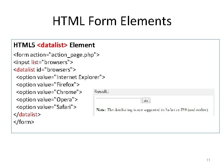 HTML Form Elements HTML 5 <datalist> Element <form action="action_page. php"> <input list="browsers"> <datalist id="browsers">