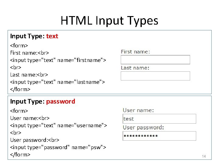 HTML Input Types Input Type: text <form> First name: <input type="text" name="firstname"> Last name: