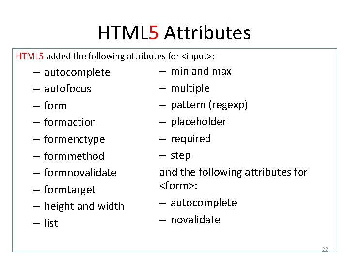 HTML 5 Attributes HTML 5 added the following attributes for <input>: – – –