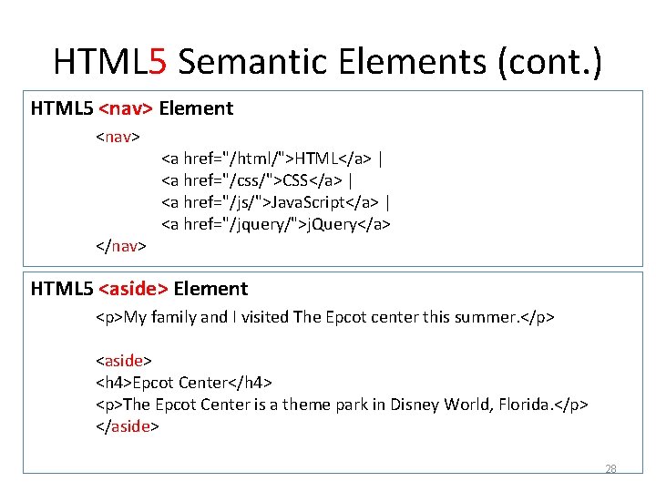 HTML 5 Semantic Elements (cont. ) HTML 5 <nav> Element <nav> </nav> <a href="/html/">HTML</a>