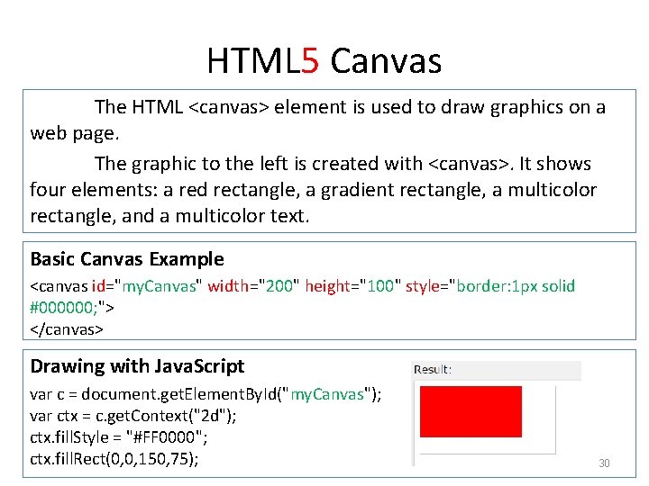 HTML 5 Canvas The HTML <canvas> element is used to draw graphics on a