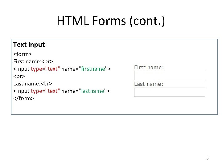 HTML Forms (cont. ) Text Input <form> First name: <input type="text" name="firstname"> Last name: