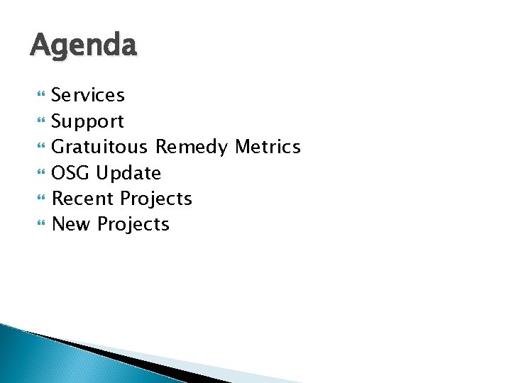 Agenda Services Support Gratuitous Remedy Metrics OSG Update Recent Projects New Projects 