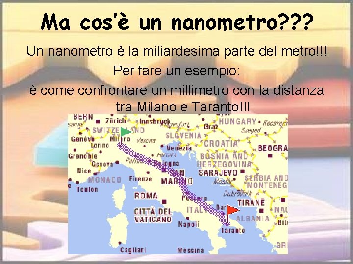 Ma cos’è un nanometro? ? ? Un nanometro è la miliardesima parte del metro!!!