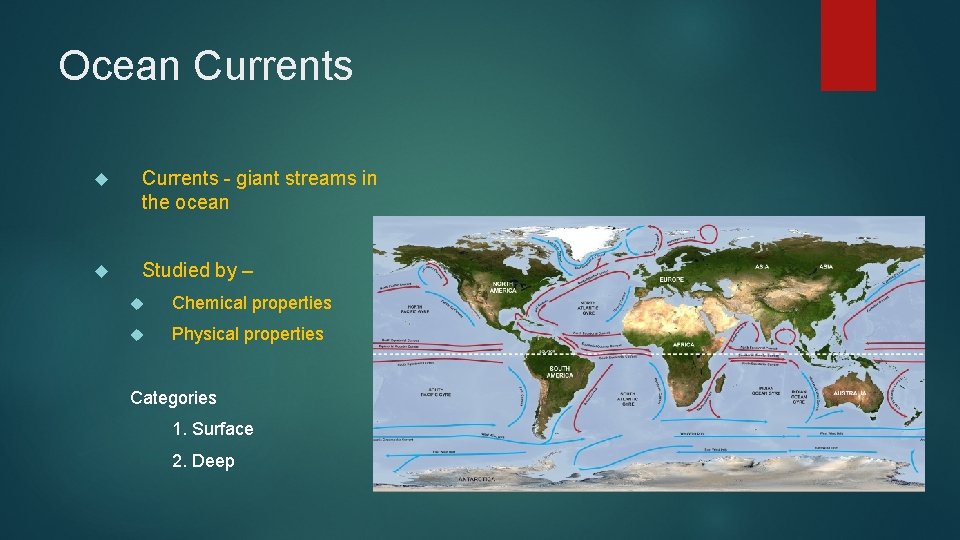 Ocean Currents - giant streams in the ocean Studied by – Chemical properties Physical