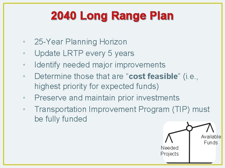 2040 Long Range Plan • • • 25 -Year Planning Horizon Update LRTP every