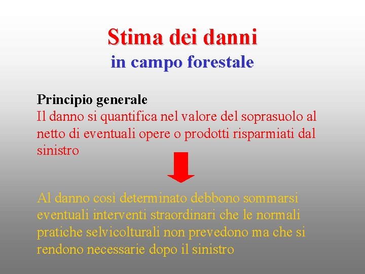 Stima dei danni in campo forestale Principio generale Il danno si quantifica nel valore