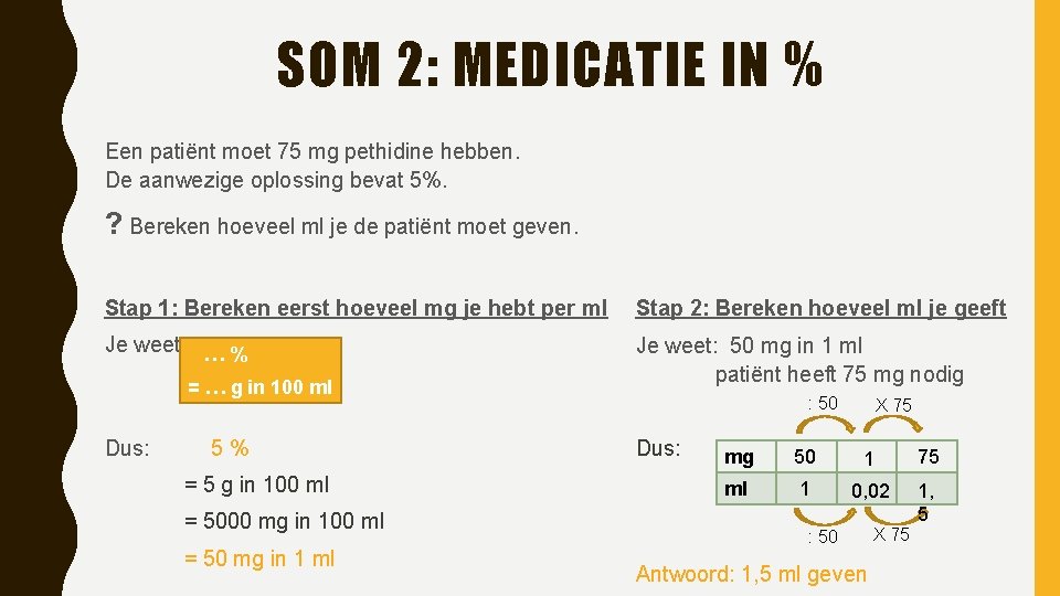 SOM 2: MEDICATIE IN % Een patiënt moet 75 mg pethidine hebben. De aanwezige