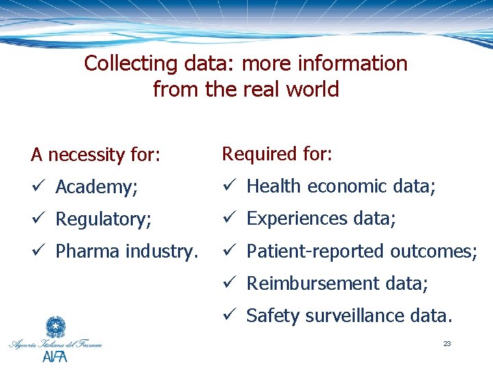 Collecting data: more information from the real world A necessity for: Required for: ü