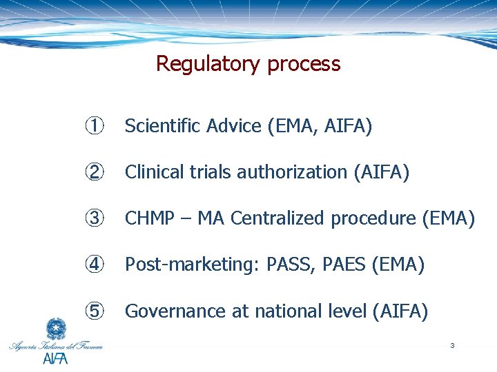 Regulatory process ① Scientific Advice (EMA, AIFA) ② Clinical trials authorization (AIFA) ③ CHMP