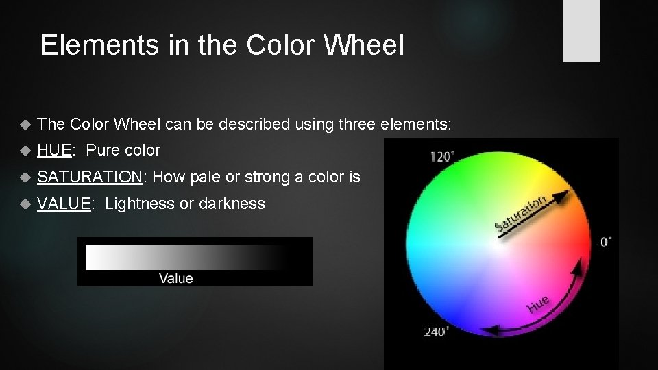 Elements in the Color Wheel The Color Wheel can be described using three elements: