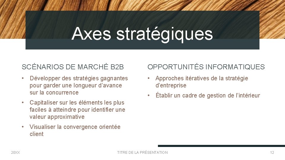 Axes stratégiques SCÉNARIOS DE MARCHÉ B 2 B OPPORTUNITÉS INFORMATIQUES • Développer des stratégies