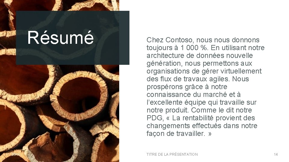 Résumé 20 XX Chez Contoso, nous donnons toujours à 1 000 %. En utilisant