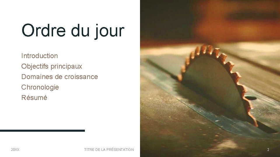Ordre du jour Introduction Objectifs principaux Domaines de croissance Chronologie Résumé 20 XX TITRE