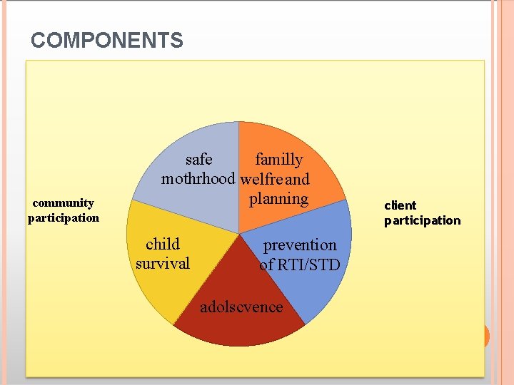 COMPONENTS community participation safe familly mothrhood welfre and planning child survival prevention of RTI/STD