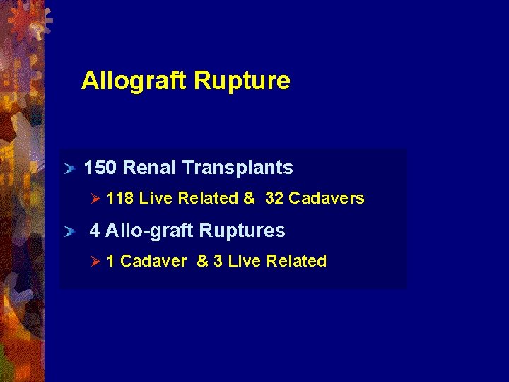 Allograft Rupture 150 Renal Transplants Ø 118 Live Related & 32 Cadavers 4 Allo-graft