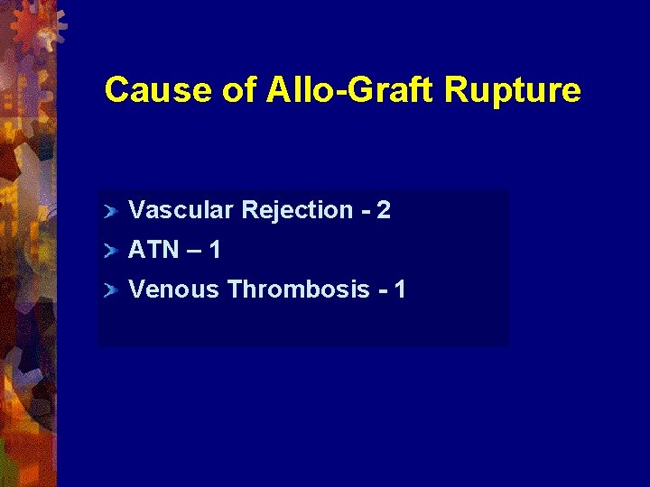 Cause of Allo-Graft Rupture Vascular Rejection - 2 ATN – 1 Venous Thrombosis -